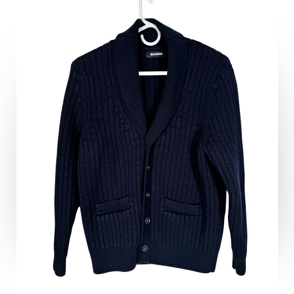 NAADAM Wool Cashmere Shawl Collar Cardigan, Navy, Size M - Picture 3 of 9